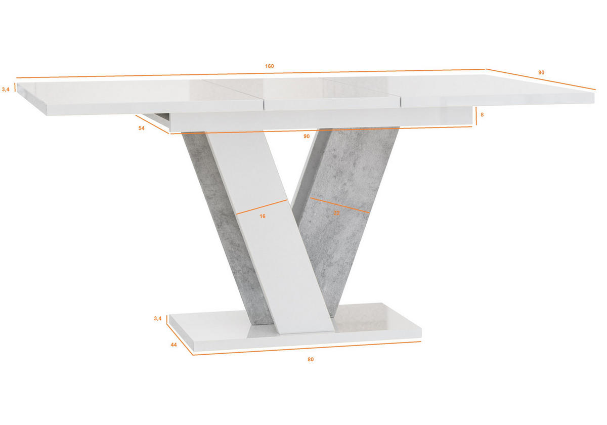 ESSTISCH Ausziehbar 120 - 160 cm Weiß Hochglanz und Betonoptik - Weiß Hochglanz/Grau, Holzwerkstoff (120/90/75cm) - PROSPERO