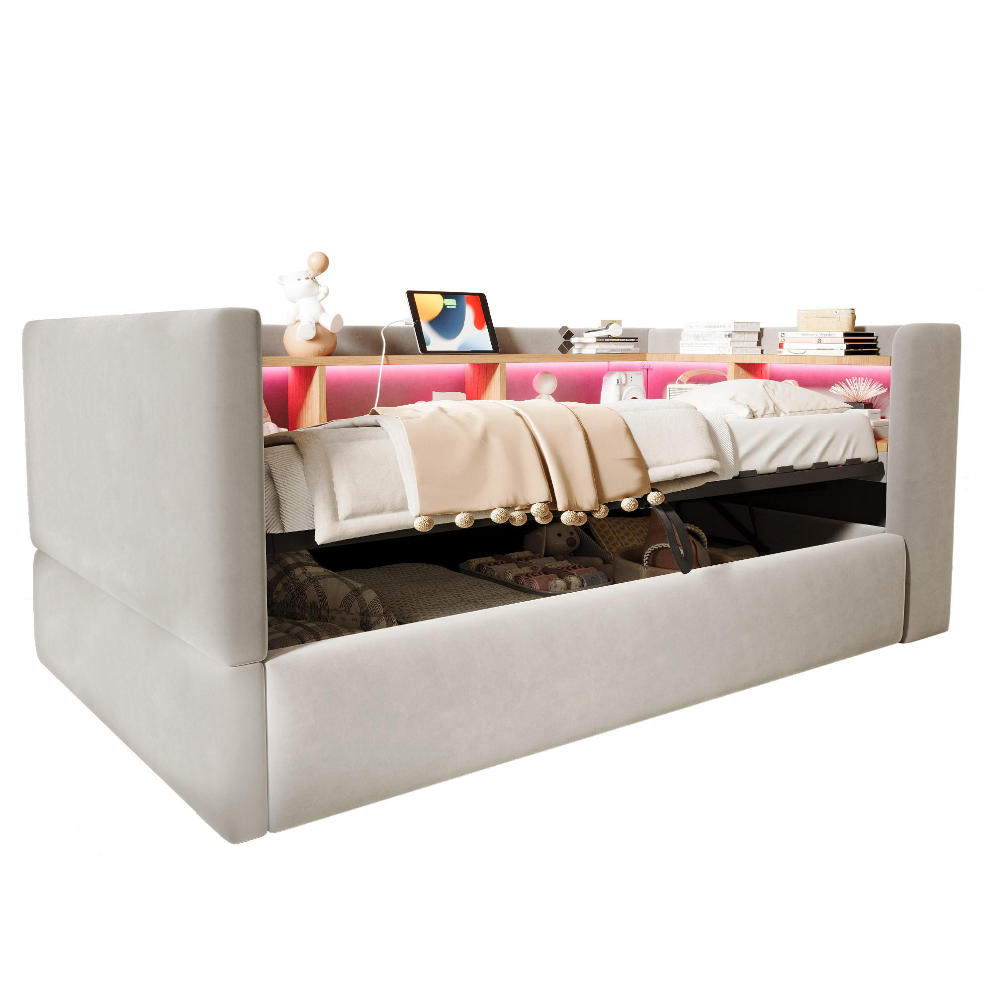 POLSTERBETT 90/190 cm aus Flanell mit LED und Steckdosen, Hellgrau - Hellgrau, Textil (90/190cm) - OKMYHOME