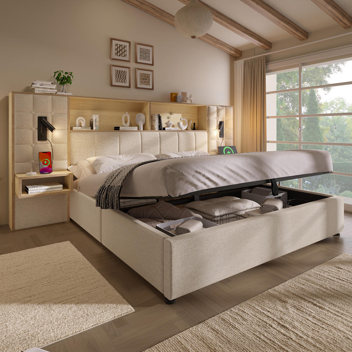 BETT 180/200 cm in Beige mit Bettkasten, LED, Leselampen, USB, Type-C und Nachttischen - Beige, Holzwerkstoff/Textil (180/200cm) - WISHDOR
