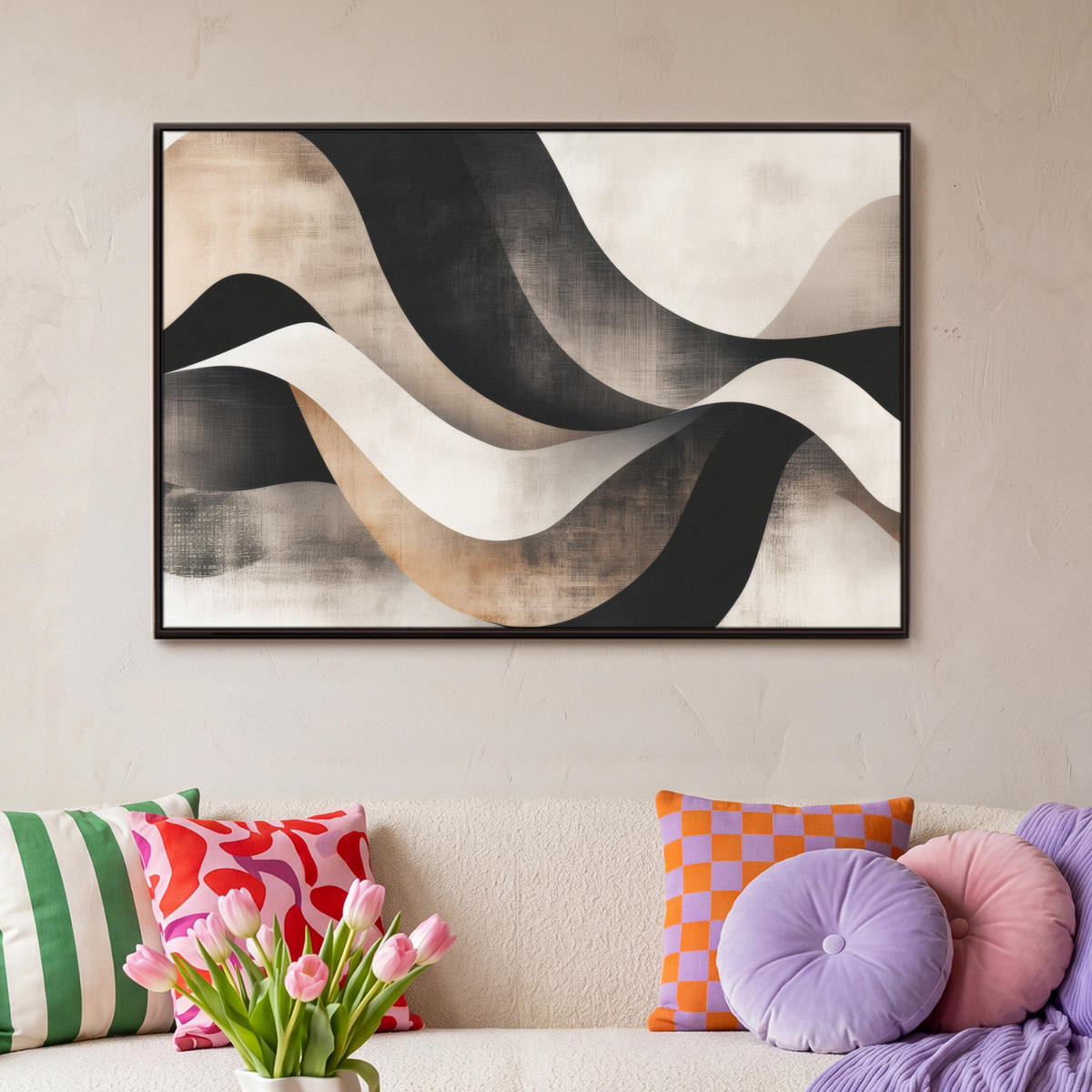 LEINWAND Bilder mit Rahmen - Abstrakt - Wellen - Schwarz - Verwittert - 90x60 - Trüffeleichefarben, Textil (90/60cm) - MuchoWow