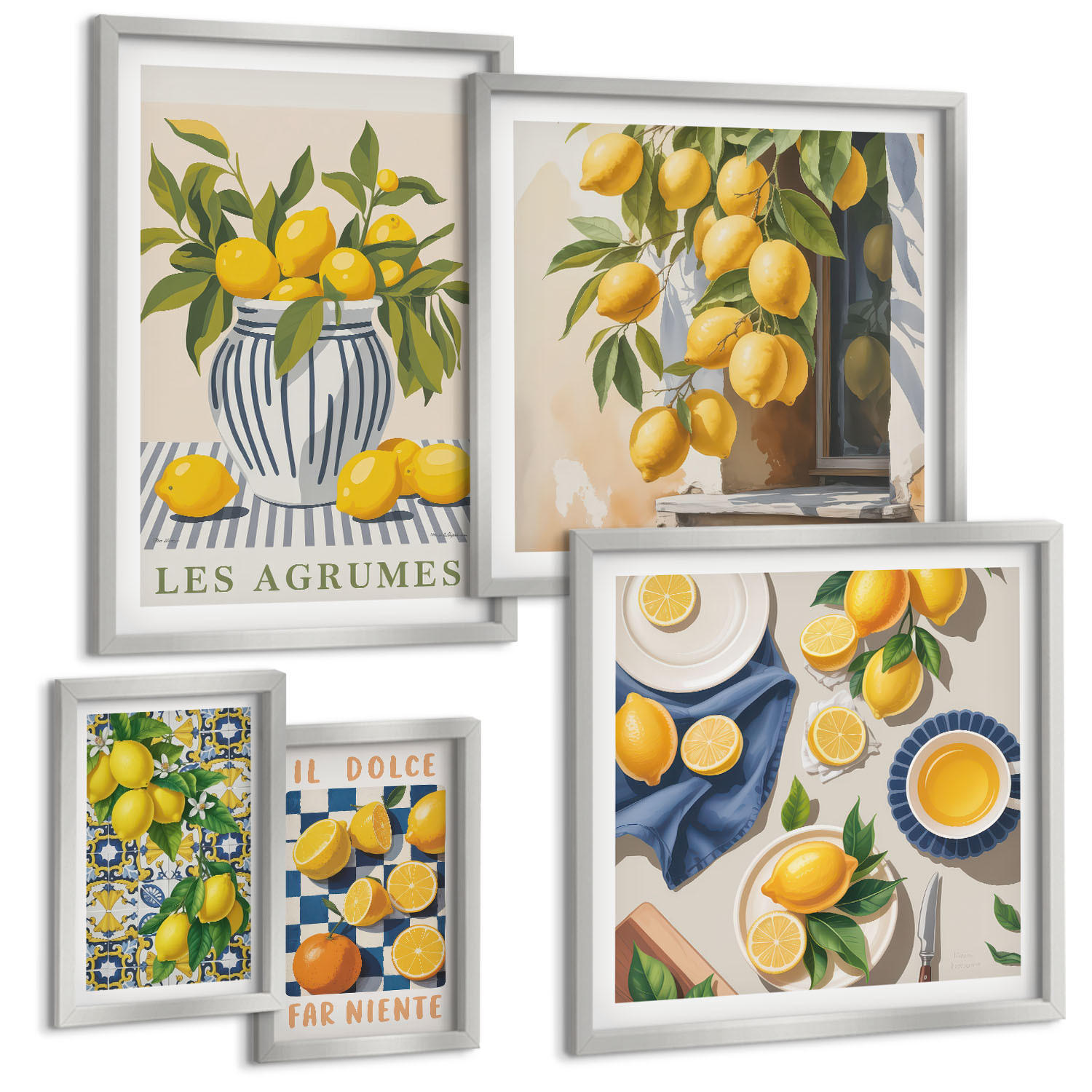 BILDER SET 5er Set - 50x50 cm & 20x30 cm & 40x60 cm Silberner Rahmen - Rustikale Cocktails mit Olivenblüten - Silberfarben, Kunststoff (40/60cm) - TULUP