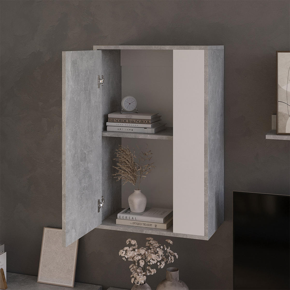 NÁSTĚNNÁ POLICE Berno Beton/bílá - šedá/bílá, kompozitní dřevo (50.1/78.4/28.3cm) - Vicco