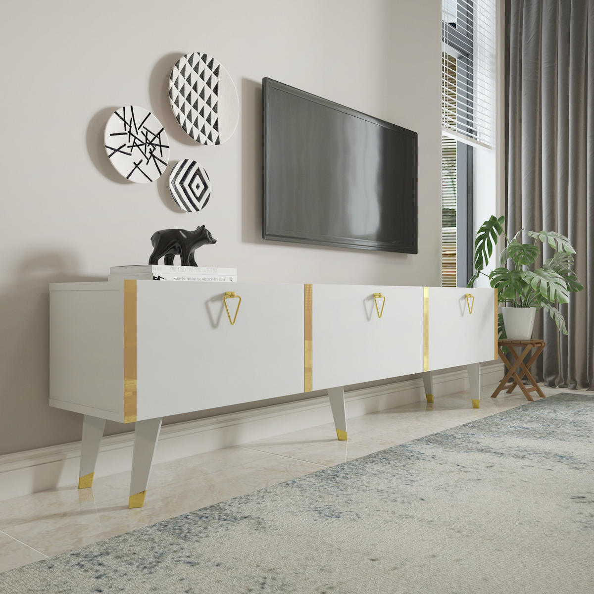 TV Stand Milagro Weıss Gold - Goldfarben, Holzwerkstoff (31.3/49.3/180cm) - Decorotika