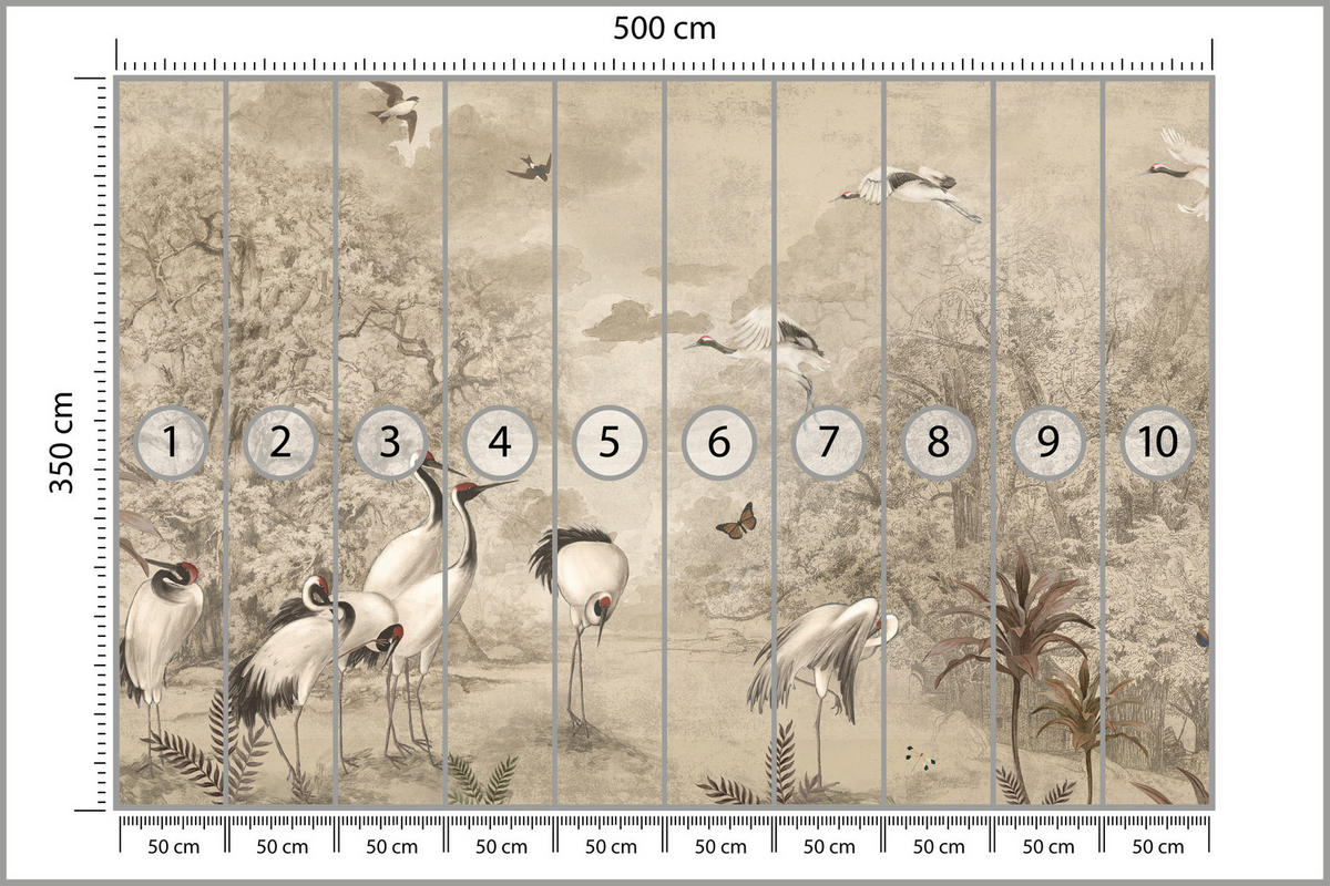 FOTOTAPETE für Schlafzimmer Retro Kraniche Wald Bäume Vögel 500x350 - Beige/Rot, Papier (500/350cm) - Muralo