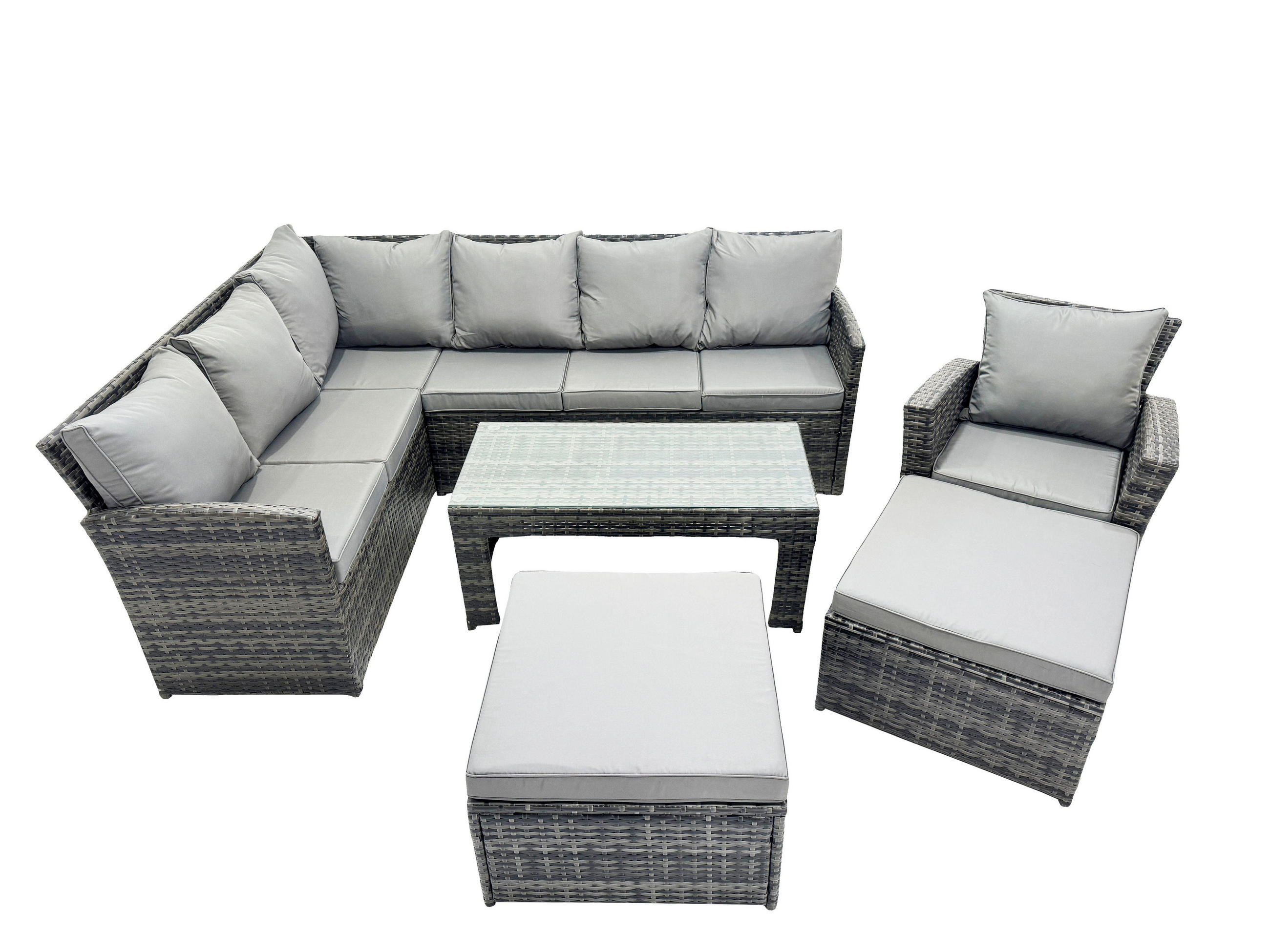 SITZGRUPPE mit Ecksofa,Länglicher Couchtisch ,2 Hockern,Stuhl Polyrattan 9-Sitzer - Dunkelgrau/Grau, Glas/Kunststoff - Fimous