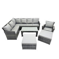 SITZGRUPPE mit Ecksofa,Länglicher Couchtisch ,2 Hockern,Stuhl Polyrattan 9-Sitzer - Dunkelgrau/Grau, Glas/Kunststoff - Fimous