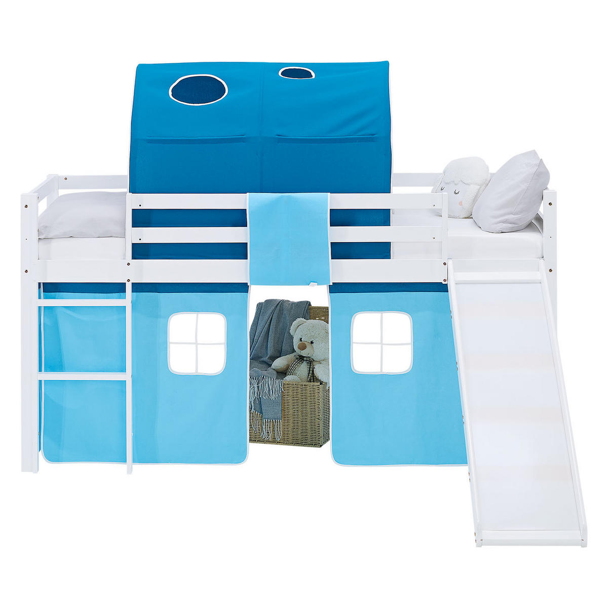 HOCHBETT 90/200 cm weiß Rutsche Matratze Vorhang Tunnel Blau - Weiß/Hellblau, Holz/Textil (90/200cm) - Homestyle4u