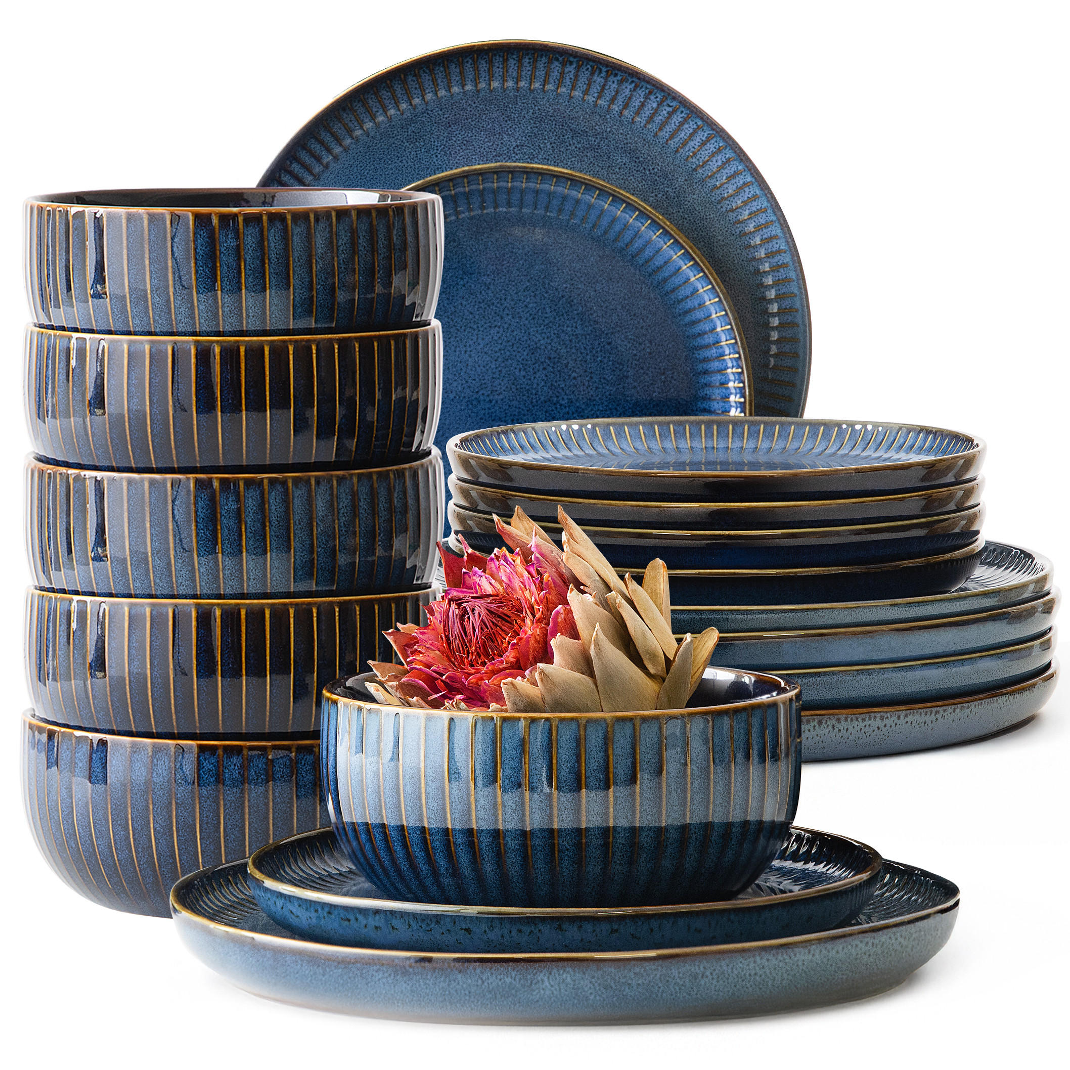 TAFELSERVICE AD STRIPES 6 PERSONEN, 18-tlg - Dunkelblau, Keramik (26/7/26cm) - KONSIMO®