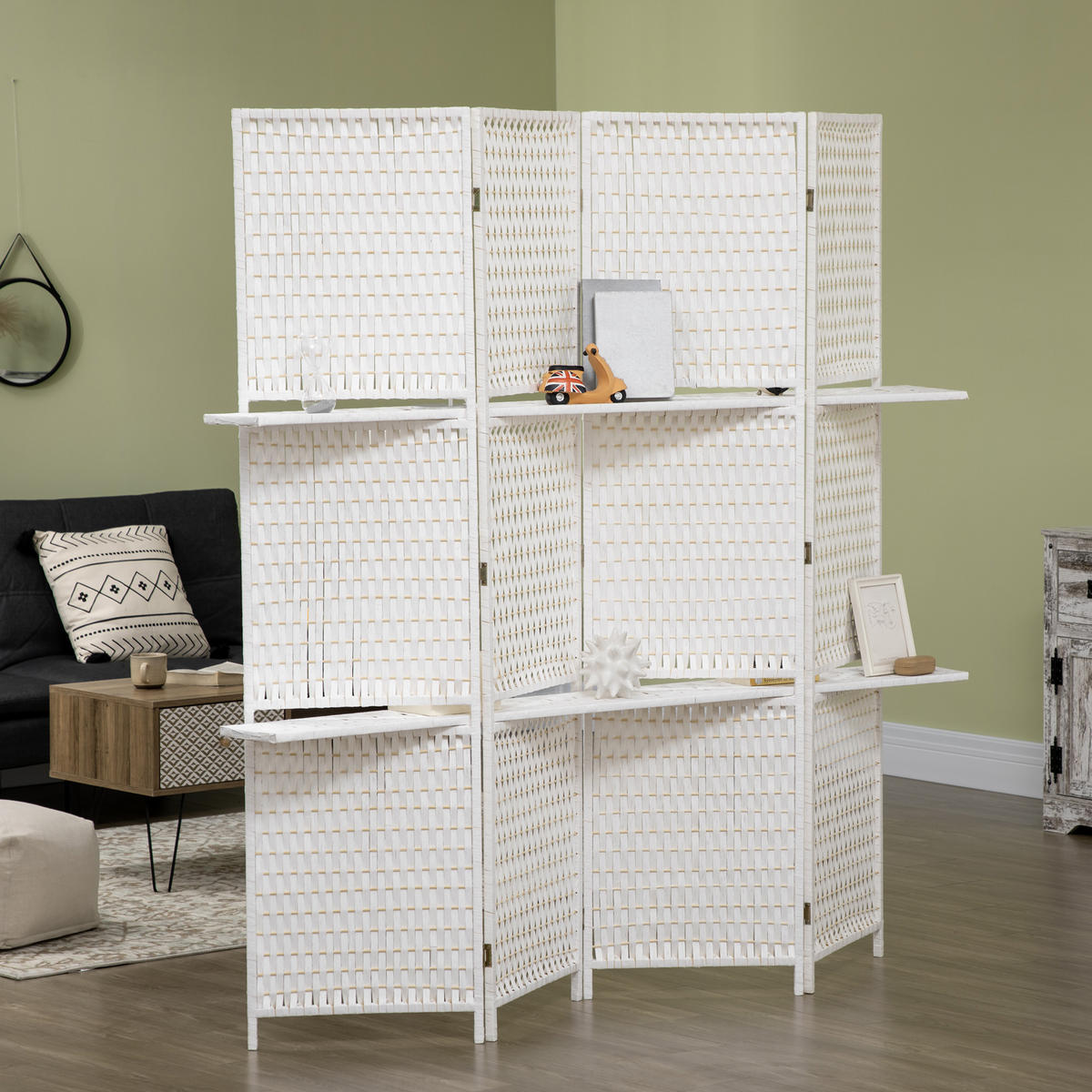 PARAVENT 4-teilig aus Papierfaser Weiß - Weiß, Holz (1.6/180cm) - HOMCOM