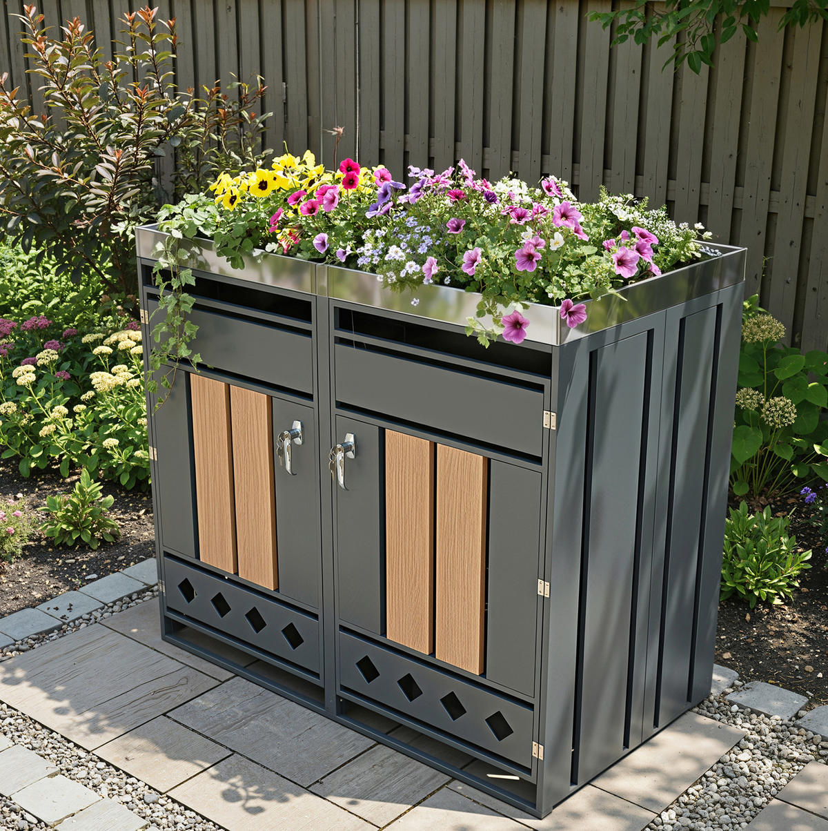 MÜLLTONNENBOX aus Stahl in Grau/Holzoptik mit Pflanzkasten & abschließbaren Türen 132x80x124,5 cm - Grau, Metall (132/124.5/80cm) - Modfu