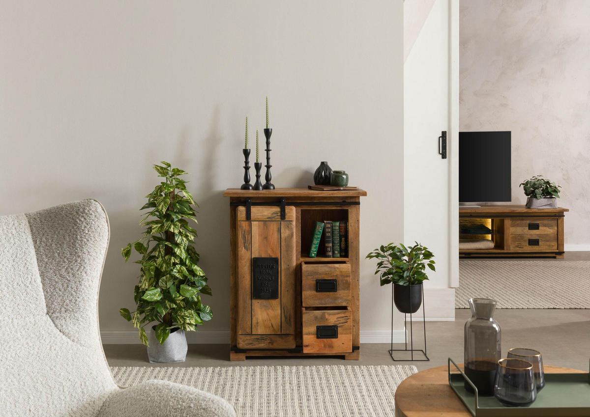 KOMMODE Mango / Altholz 75x36x90 natur lackiert RAILWAY LUX #140 - Braun, Holz (75/90/36cm) - Massivmoebel24