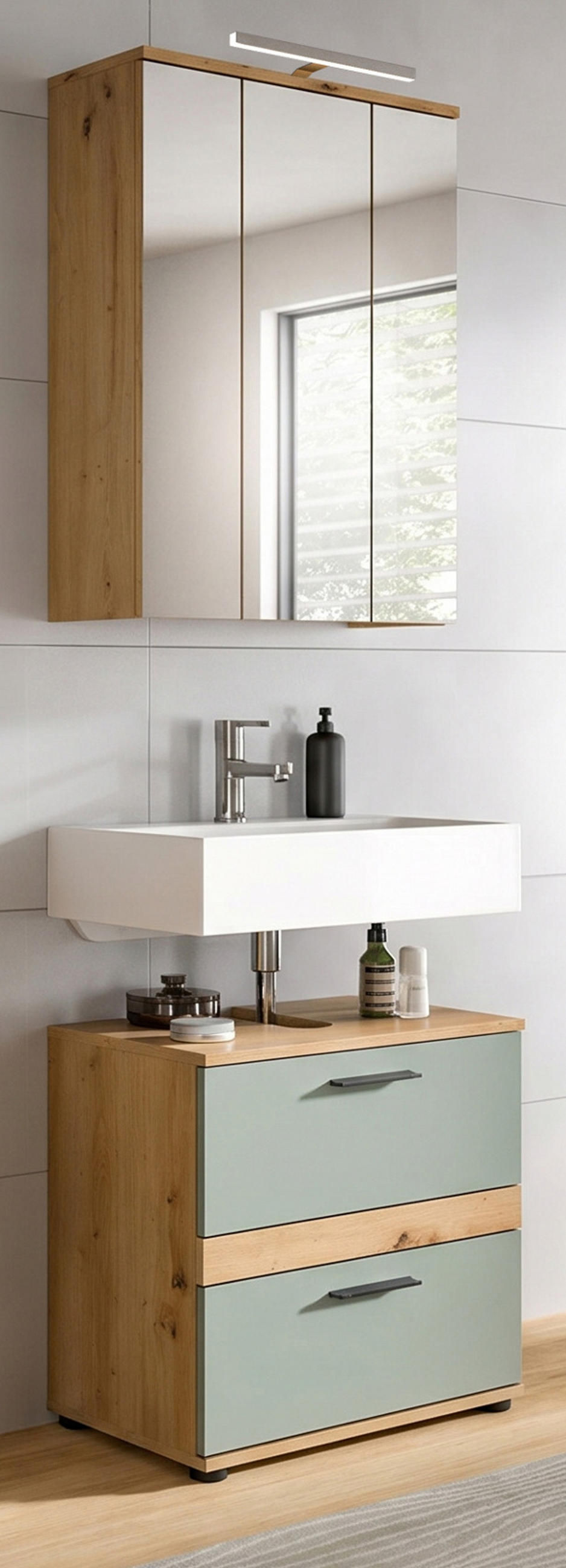 BADMÖBEL-SET Salbei grün, Eiche Artisan 60 cm 2-teilig, Badezimmereinrichtung inklusive LED Beleuchtung - Salbeigrün/Schwarz, Glas/Holzwerkstoff (60/191/34cm) - Inn.Furn