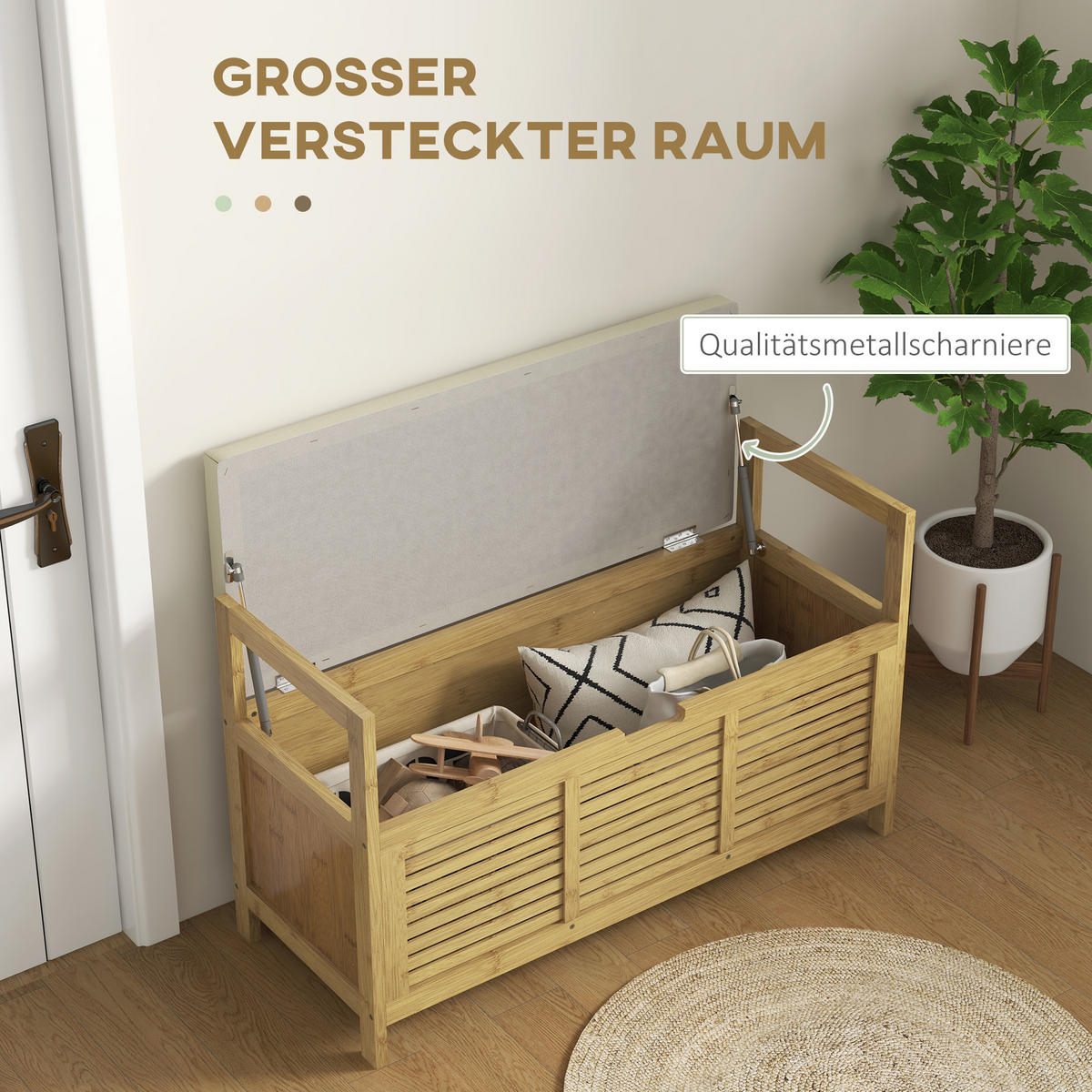 SCHUHBANK mit Klappdeckel, für Diele, Flur, Bambus, Natur - Naturfarben, Kunststoff (40/60/100cm) - HOMCOM