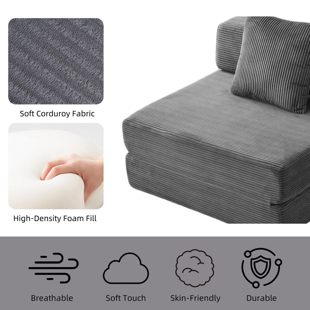 SCHLAFSOFA DE-33495 faltbar mit Rücken- und Armlehne Dunkelgrau - Dunkelgrau, Textil (92.5/60/92.5cm) - ComfortXL