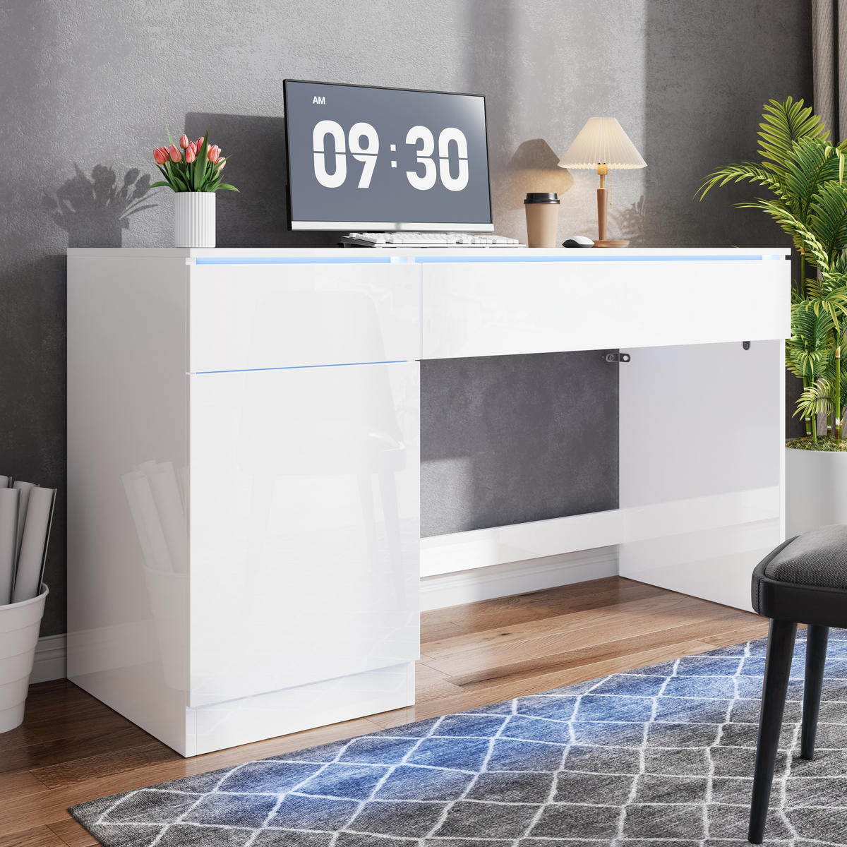 SCHREIBTISCH Weiß Hochglanz 120/50/78 cm mit LED-Beleuchtung und Schubladen - Weiß, Holzwerkstoff (50/120/78cm) - PANGIVO