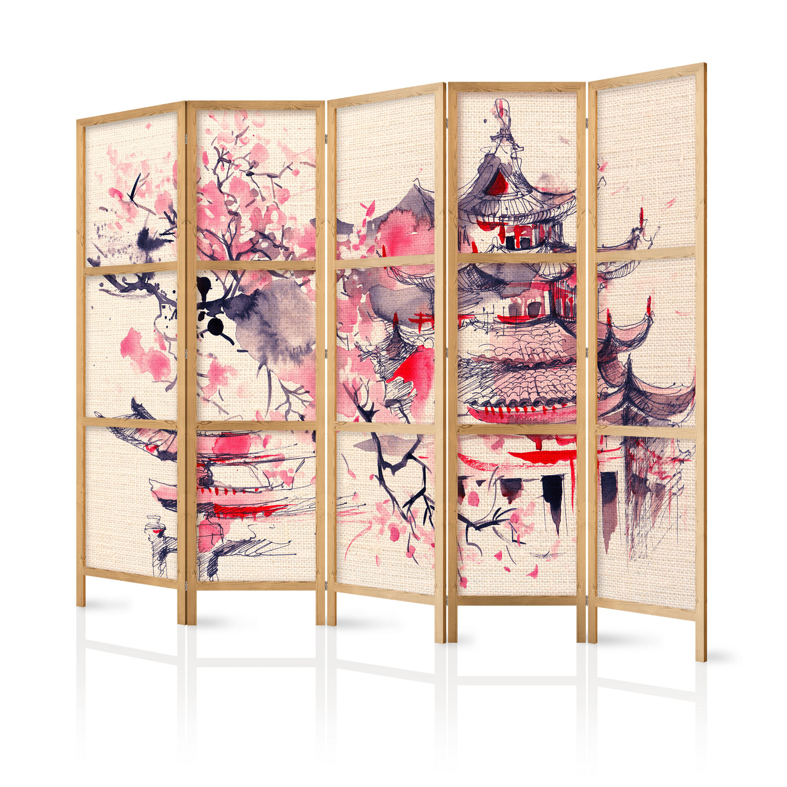 PARAVENT Japanischer 5-tlg 225x172 cm Bemalter Tempel - Rosa, Holz/Textil (225/172/3cm) - Muralo