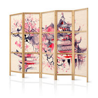 PARAVENT Japanischer 5-tlg 225x172 cm Bemalter Tempel - Rosa, Holz/Textil (225/172/3cm) - Muralo