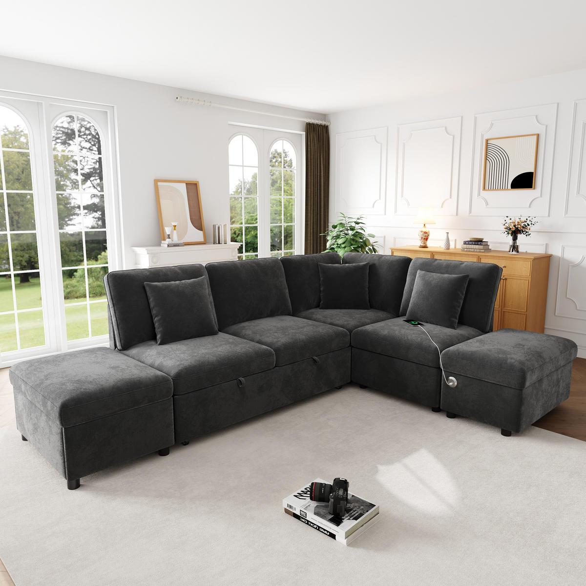 ECKSOFA mit Schlaffunktion Stauraumhocker USB/Type-C Chenille Grau - Grau, Textil (247.5/172cm) - EVRYAE