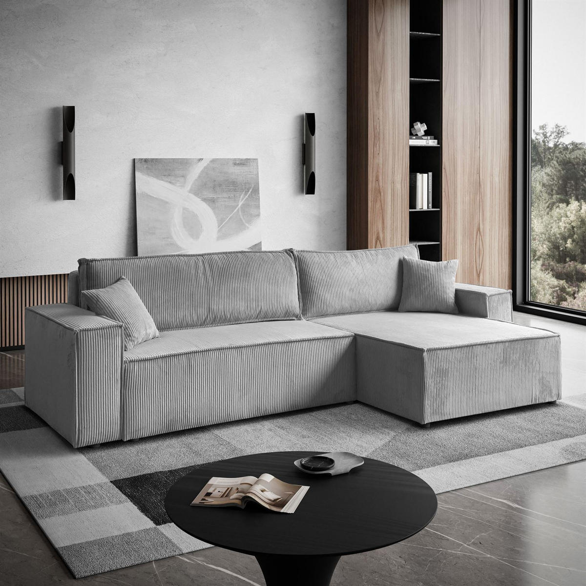 ECKSOFA Gepolstertes CARLO XL Cord mit Schlaffunktion und Bettkasten, Poso 110 - Hellgrau, Textil (277/143cm) - Lookway