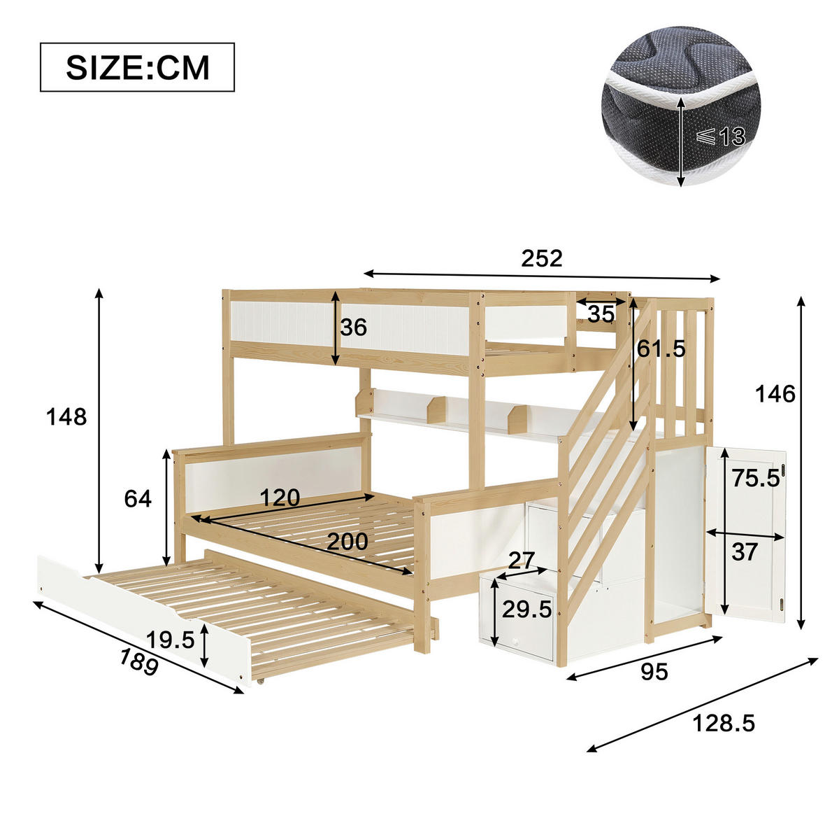 ETAGENBETT 90/200&120/200 cm aus Kiefer+MDF mit Rollbett, Weiß - Naturfarben, Holz (90/200cm) - OKMYHOME