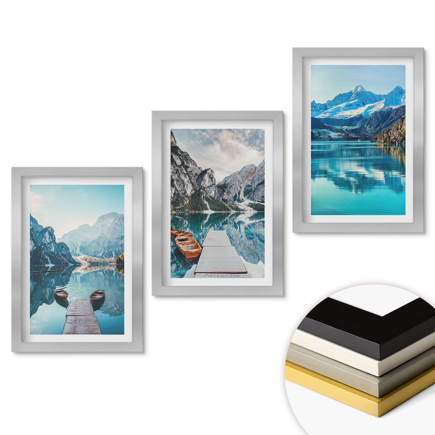 WANDBILDER 3er Set - 20x30 cm Silberner Rahmen - Spiegelung der Boote auf Bergseen - Silberfarben, Kunststoff (20/30cm) - ArtPrintCave