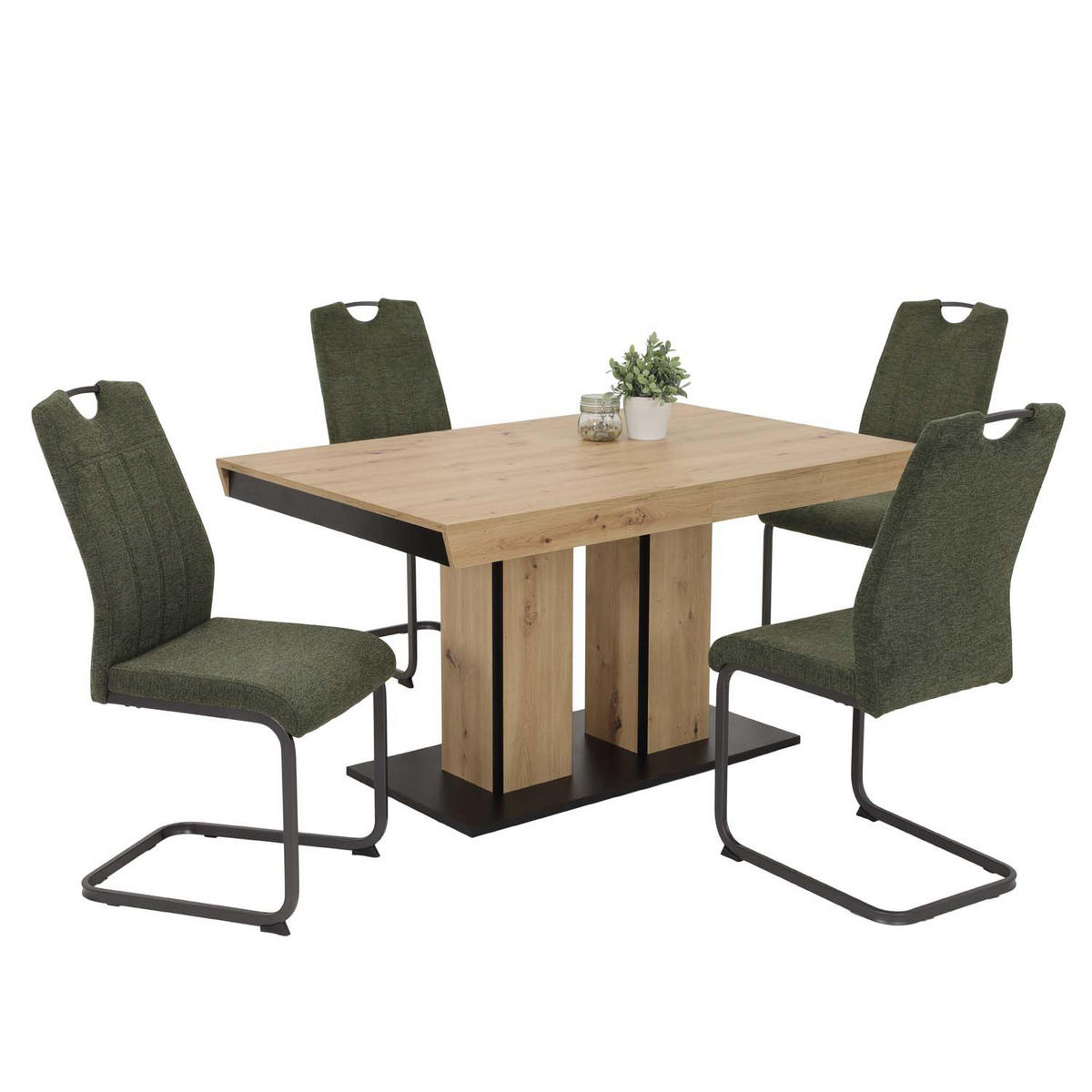 ESSGRUPPE Kamilla, 5 tlg. - Tisch Artisan, 4 Stühle Grün - Eiche Artisan/Grün, Holzwerkstoff/Textil (140/76/90cm) - Möbel Stellbrink
