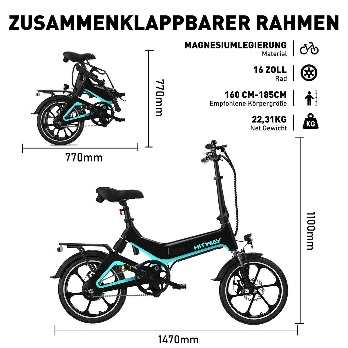 E-BIKE BK2 Reichweite 35–70 km - Schwarz, Metall (64cm) - HITWAY