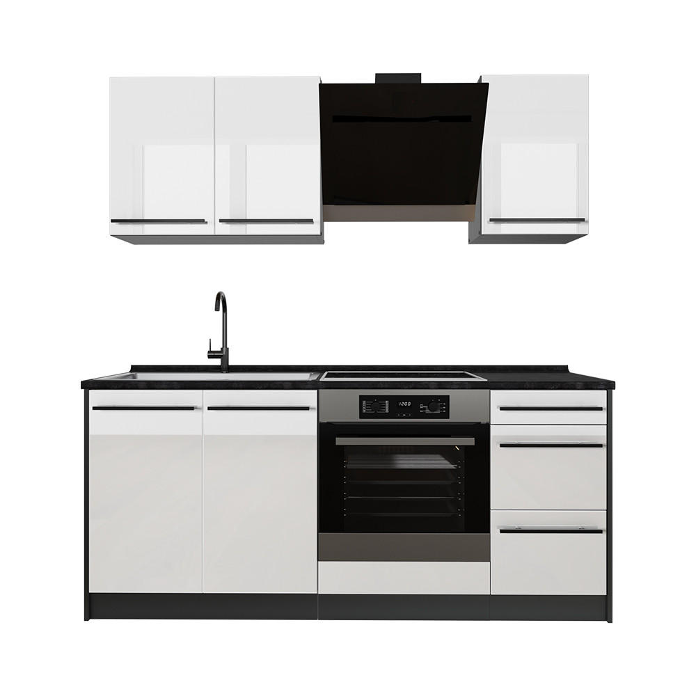 SINGLEKÜCHE R-Line, Weiß Hochglanz/Anthrazit, 180 cm ohne Arbeitsplatte - Weiß Hochglanz/Anthrazit, Holzwerkstoff (180/206.8/46cm) - Vicco