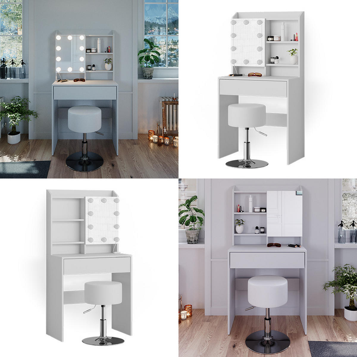 SCHMINKTISCH Laura Weiß 70 cm mit LED Beleuchtung und Hocker - Weiß, Holzwerkstoff (70/136/40cm) - Vicco