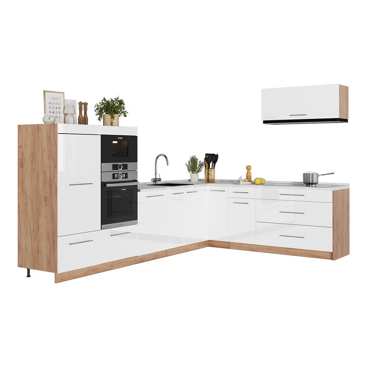 ECKKÜCHE Fame-Line, Weiß Hochglanz/Goldkraft Eiche, 327 x 227 cm, AP Marmor - Honigeiche/Weiß Hochglanz, Holzwerkstoff (327/153.6/60cm) - Vicco