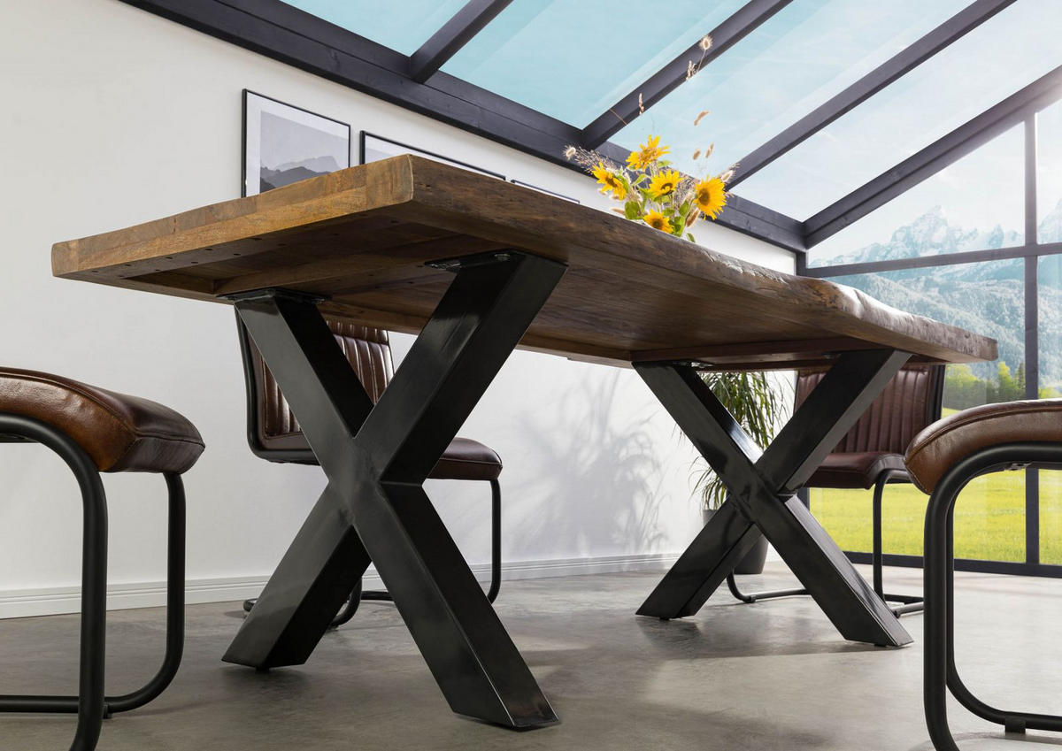BAUMTISCH Mango 240x100x77 natur lackiert / X-Beine anthrazit glänzend FREEFORM 5 - Braun, Holz (100/240/77cm) - Massivmoebel24