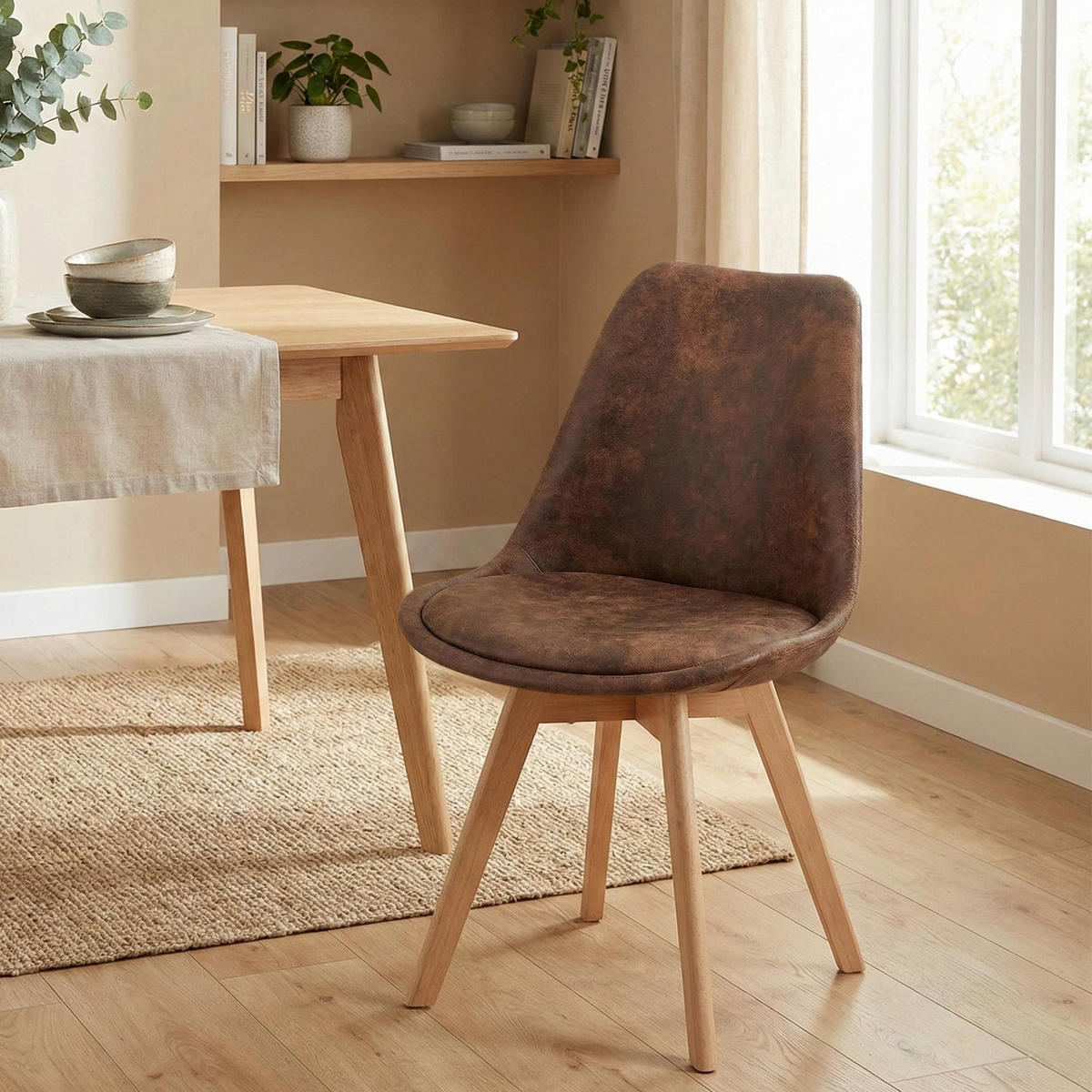 STUHL 4 Lederlook Braun - Eukalyptusholzfarben/Braun, Holz/Textil (49/83/50cm) - CLP