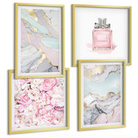 BILDER SET 4er Set - 50x50 cm & 40x60 cm Goldrahmen - Rosa Blumen Marmor Pastell - Goldfarben, Kunststoff (50/50cm) - TULUP