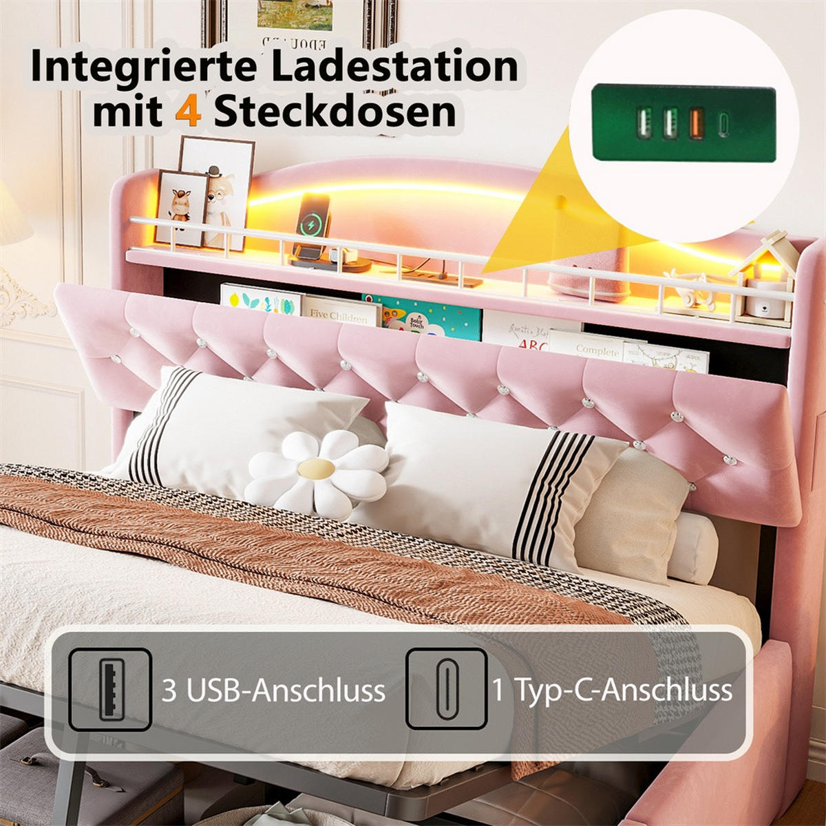 POLSTERBETT 140x200 cm mit hydraulischem Stauraum - LED Beleuchtung & Ladestation - Rosa - Ohne Matratze - Pink, Textil (140/200cm) - DELFA