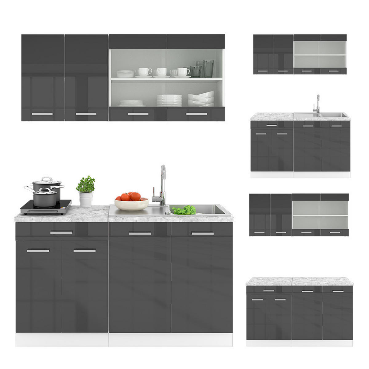 SINGLEKÜCHE R-Line Anthrazit Hochglanz/Weiß 140 cm, AP Anthrazit - Anthrazit/Weiß, Holzwerkstoff (140/81.6/60cm) - Vicco