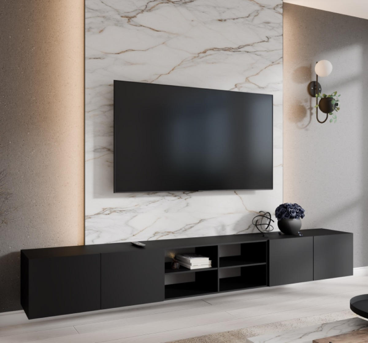 TV-SCHRANK Schwarz LION Offene Regale 300 cm Mit Regalen - Schwarz, Holzwerkstoff (300/41/40cm) - Sepro Meble