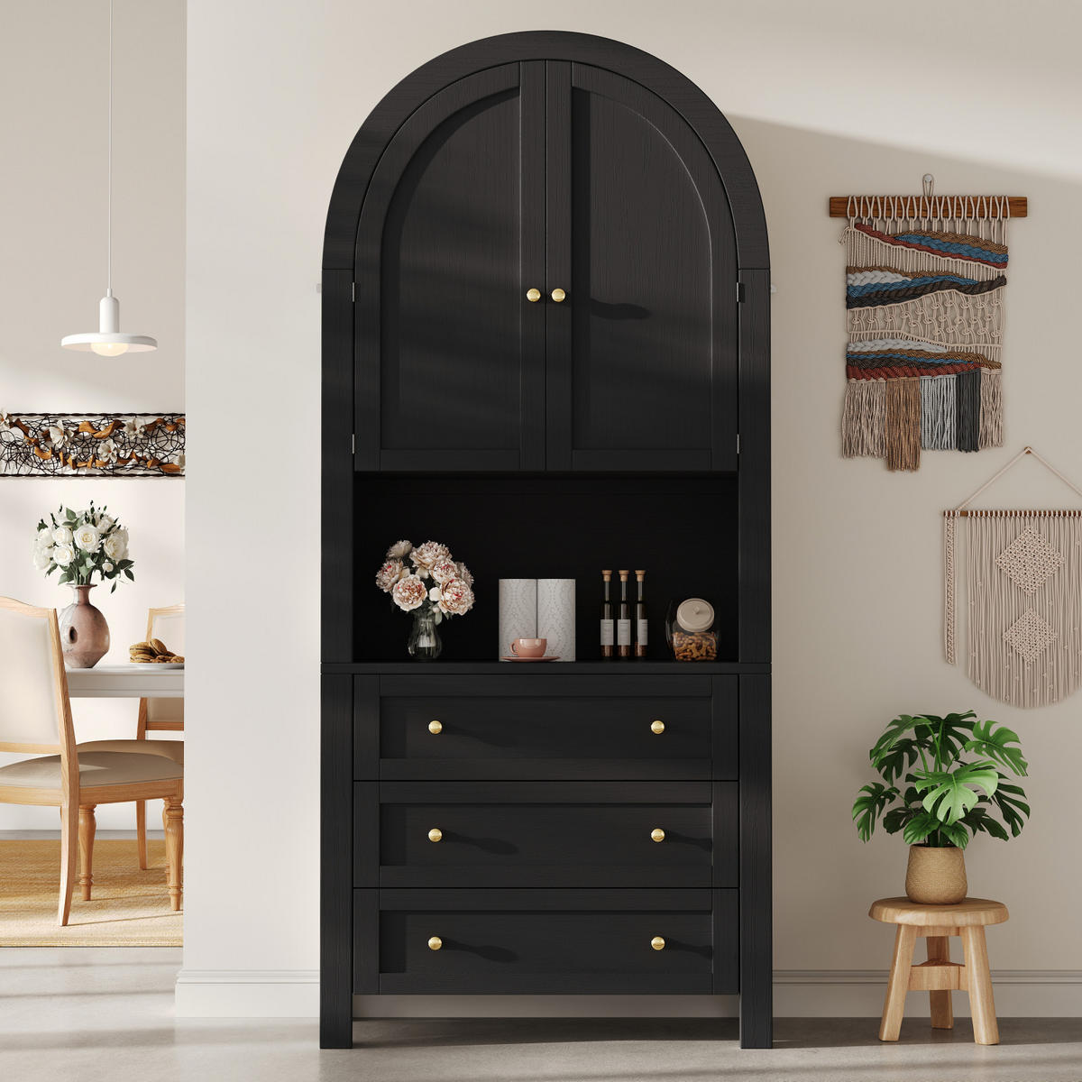SIDEBOARD Schwarz, Türen, Schubladen, offene Bogenregale - Schwarz, Holz (70/180/35cm)