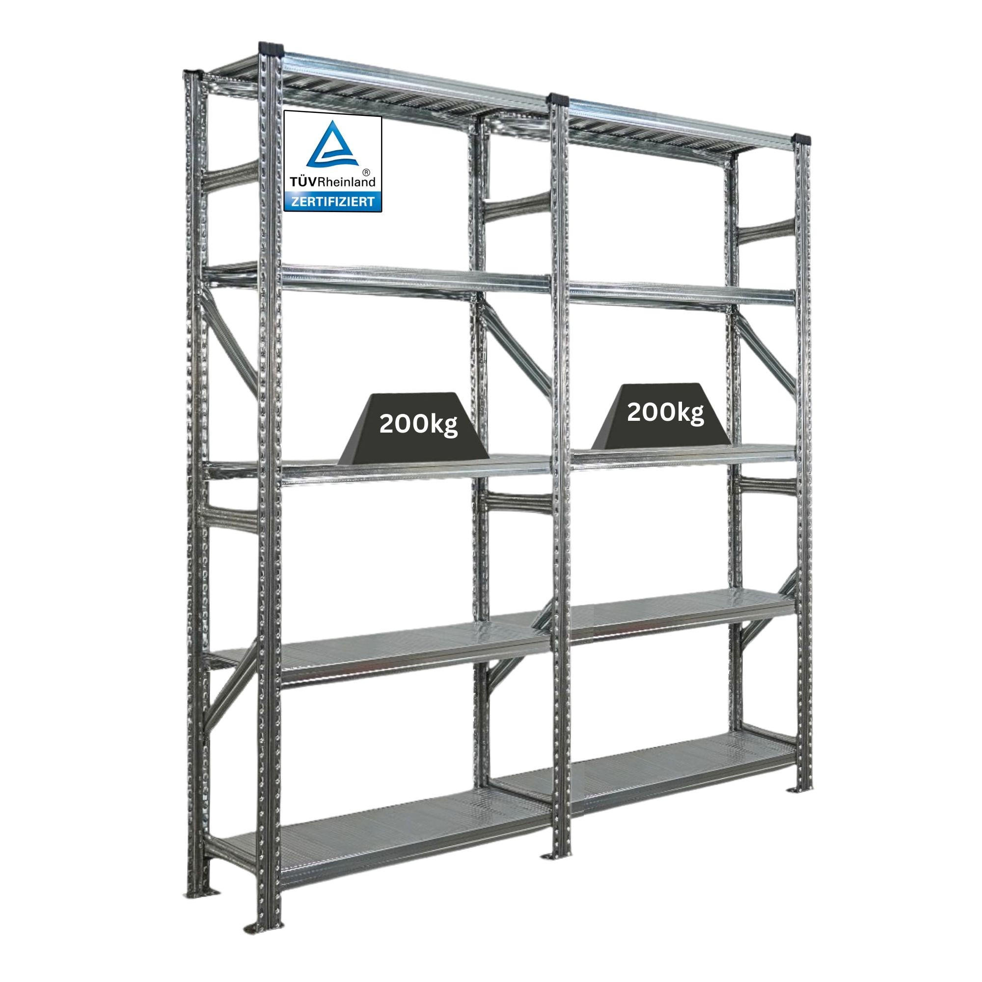 FACHBODENREGAL Proximo Stecksystem 200x180x32cm 5 Ebenen Fachlast 200 kg Beidseitig nutzbar Verzinkt - Silberfarben, Metall (180/200/32cm) - PROREGAL