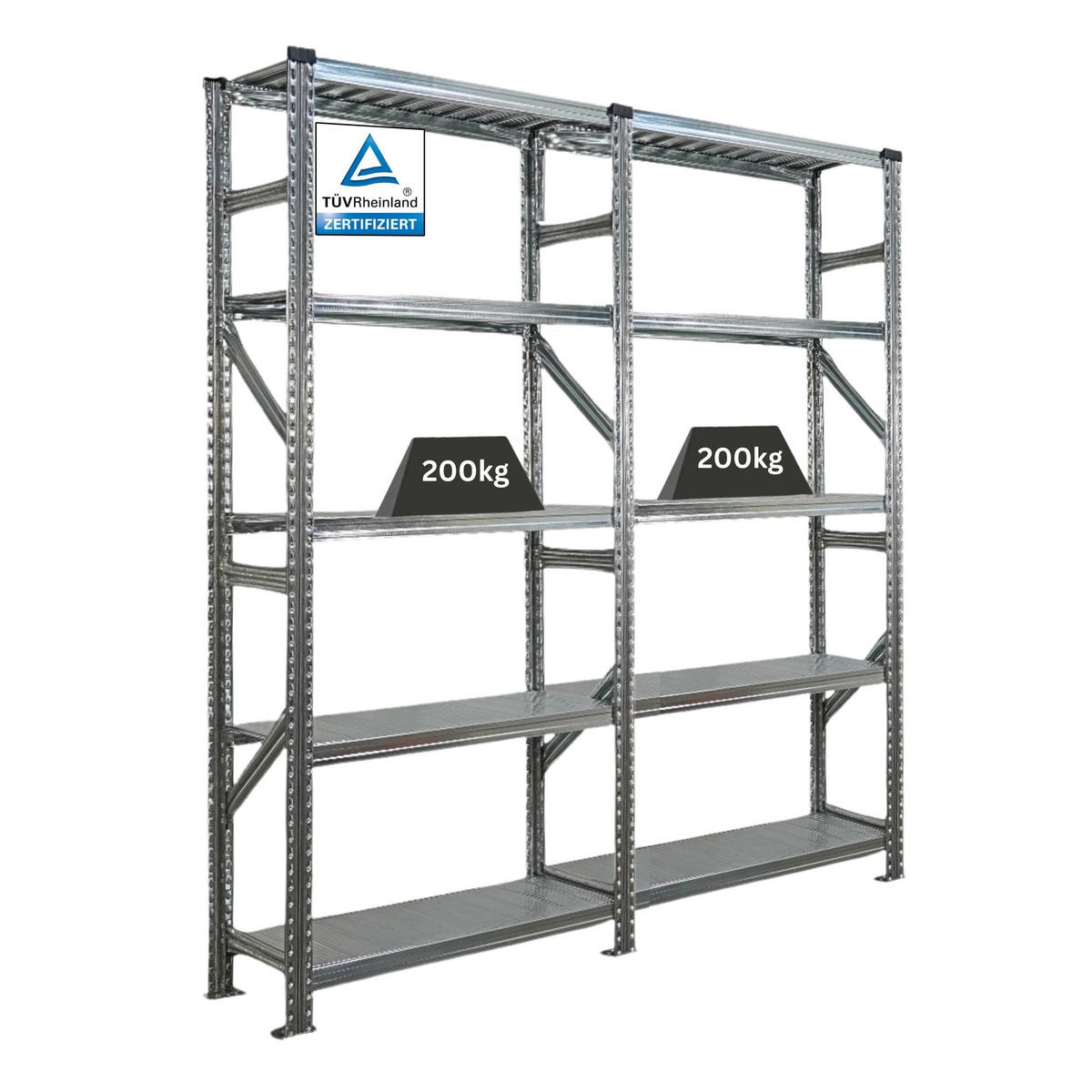 FACHBODENREGAL Proximo Stecksystem 200x180x32cm 5 Ebenen Fachlast 200 kg Beidseitig nutzbar Verzinkt - Silberfarben, Metall (180/200/32cm) - PROREGAL