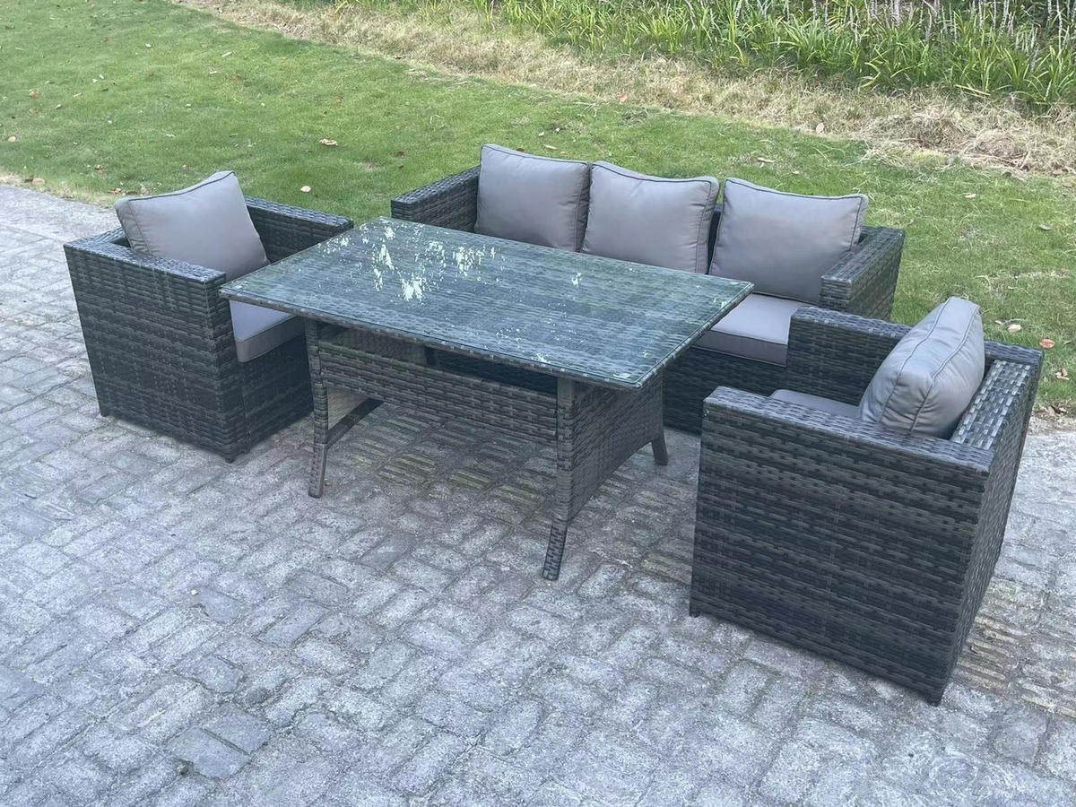 LOUNGEGARNITUR mit Fußschemel Polyrattan Dunkelgrau 5-Sitzer - Dunkelgrau/Grau, Glas/Kunststoff - Fimous