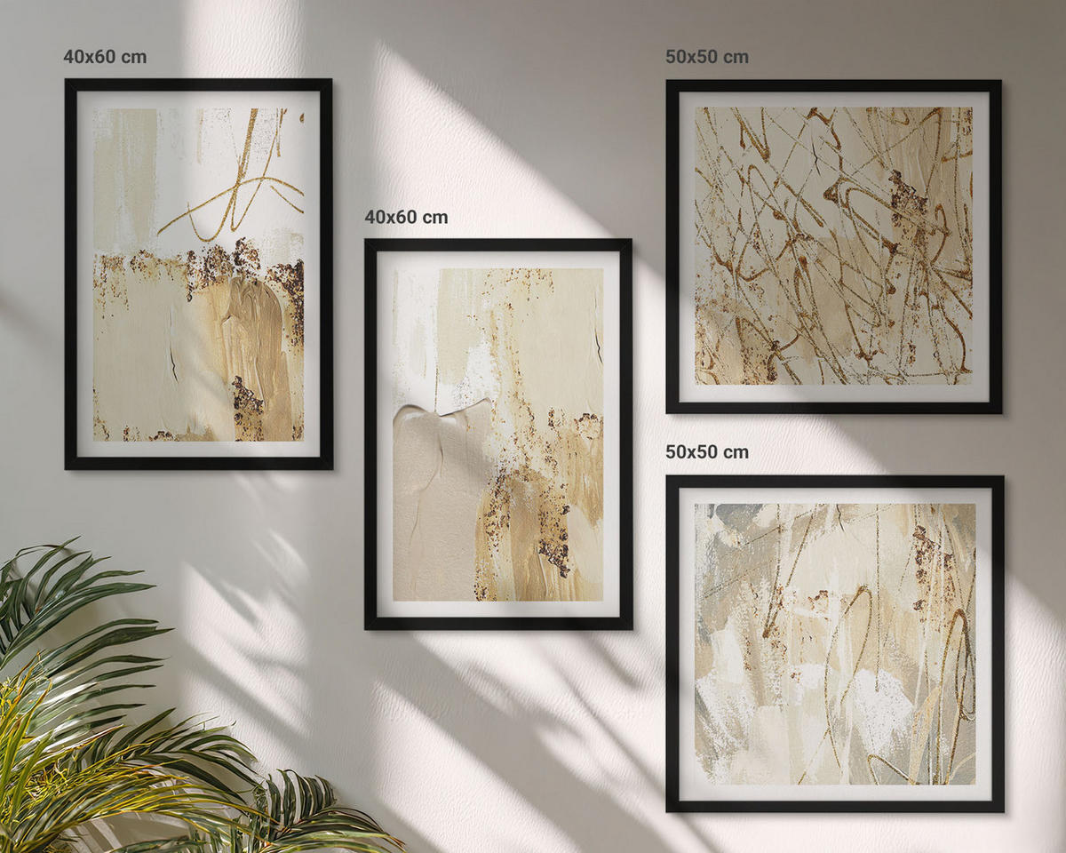 WANDBILDER 4er-Set - 50x50 cm & 40x60 cm Schwarzer Rahmen - Abstrakte Muster beige weiß - Schwarz, Kunststoff (50/50cm) - ArtPrintCave