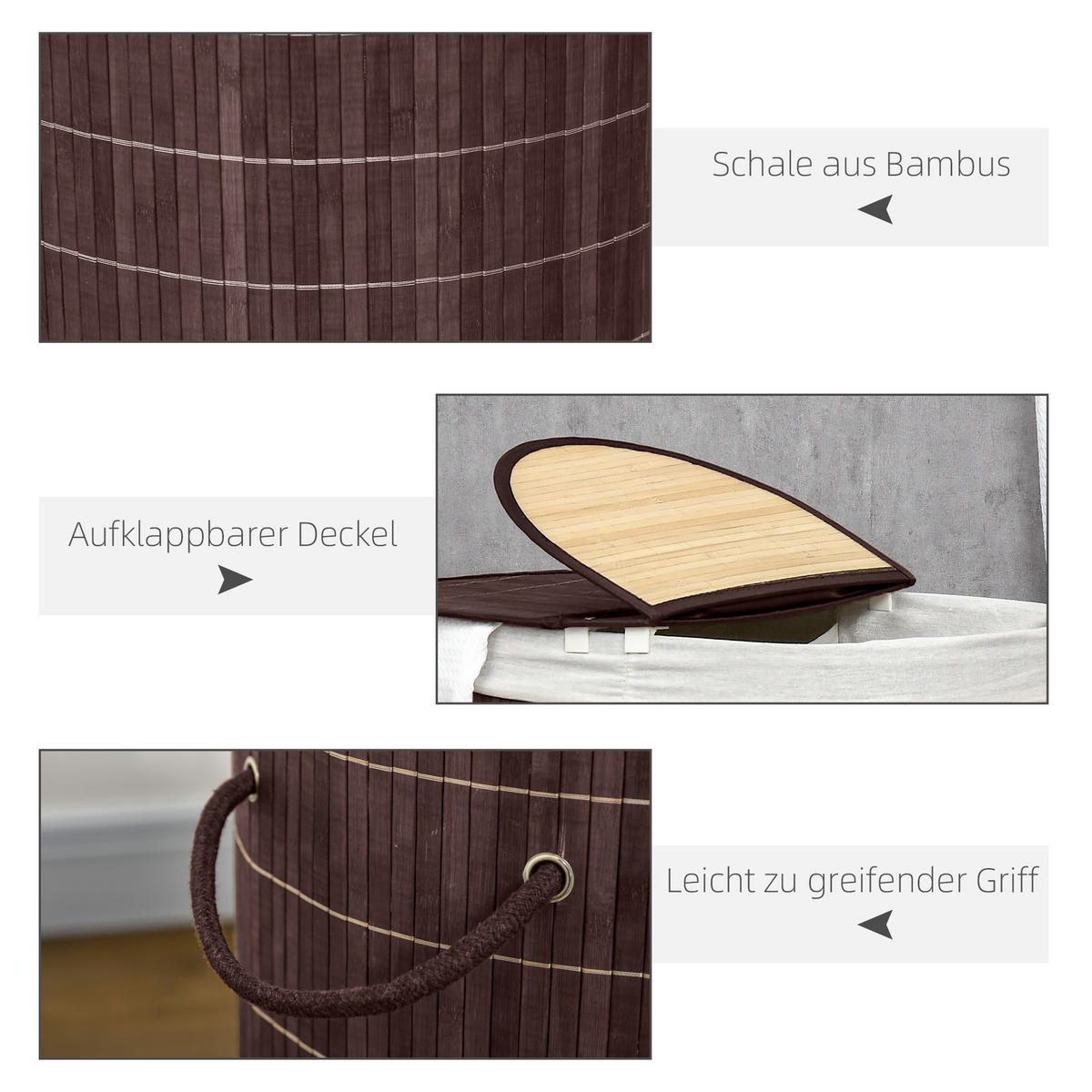 WÄSCHEKORB, Bambus, Polyester, Braun - Braun, Naturmaterialen (37/60.5/62.5cm) - HOMCOM