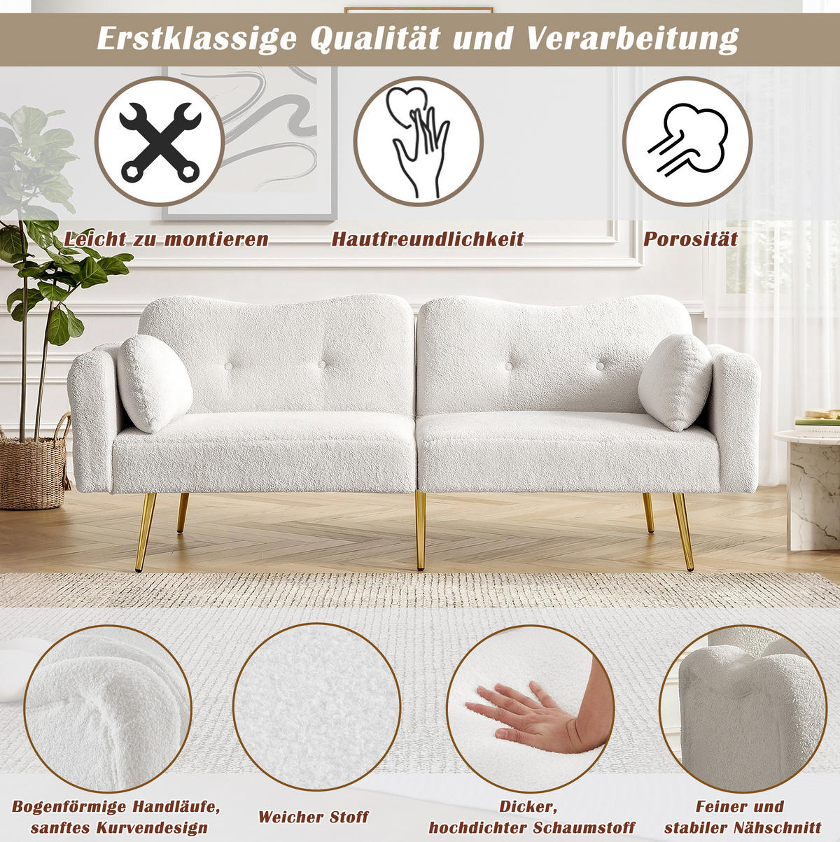 SCHLAFSOFA 155/85,5 cm Liegefläche in Weiß – mit 3-Stufen-Rückenlehne - Weiß, Textil (79/82/175cm) - BEAOK