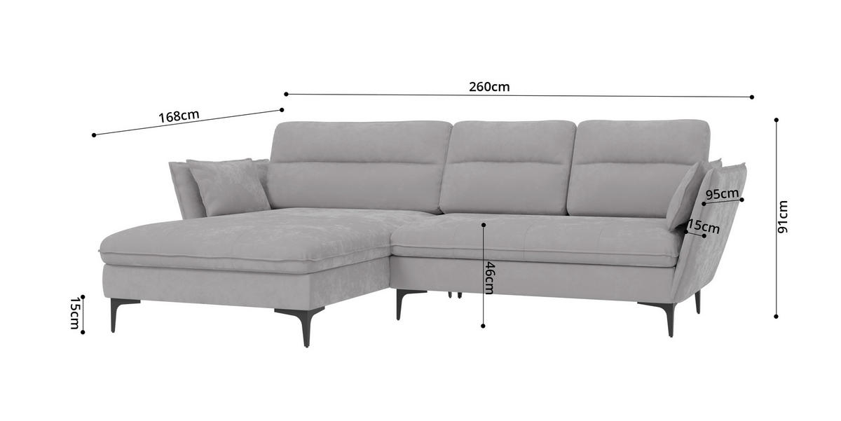 ECKSOFA Mira Hellgrau Samt-Stoff - Hellgrau/Schwarz, Textil/Metall (260/168cm) - S-Style Möbel