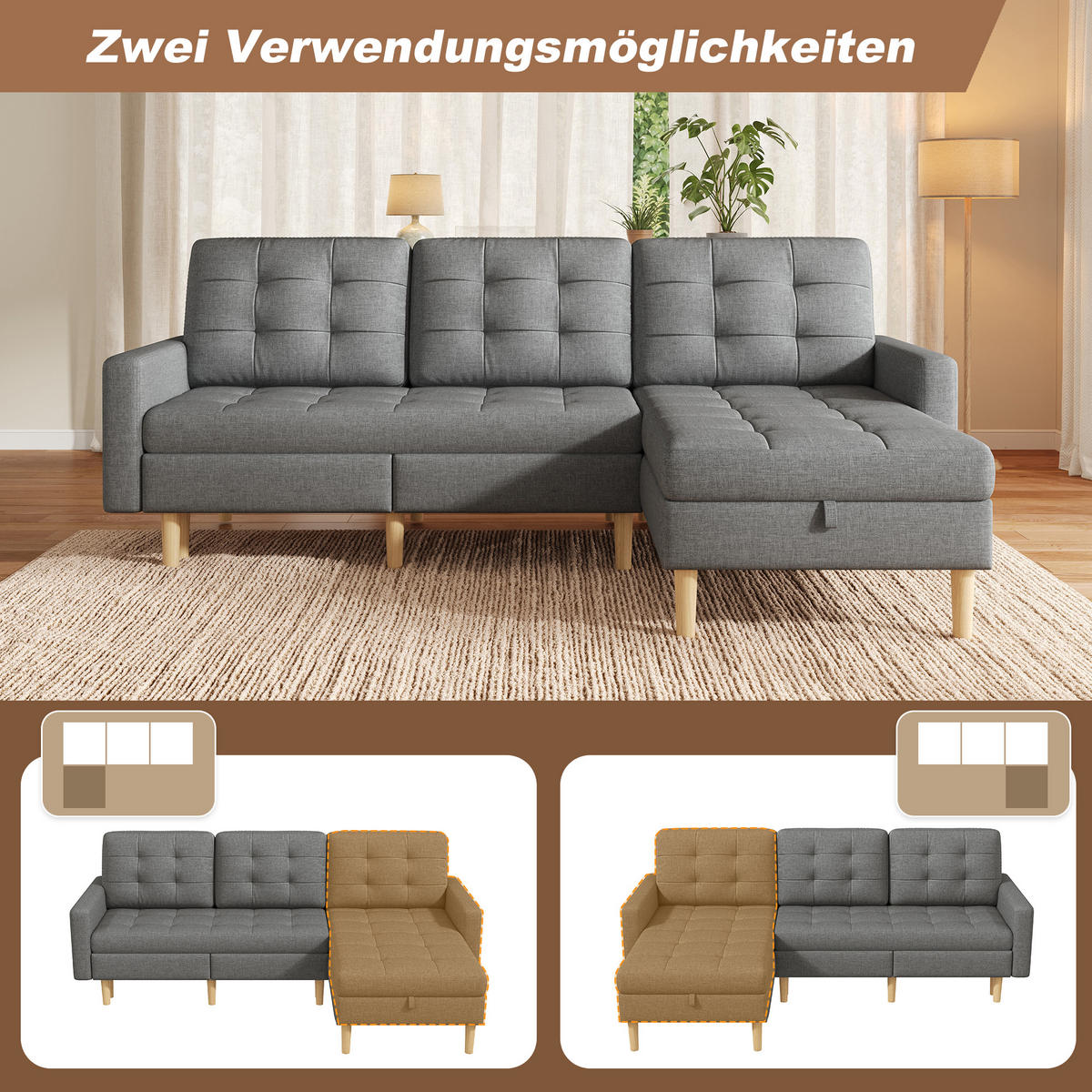 ECKSOFA L Form Stauraum Chaiselongue 3 Sitzer Grau 212cm - Grau, Textil (212/130cm) - FLIEKS