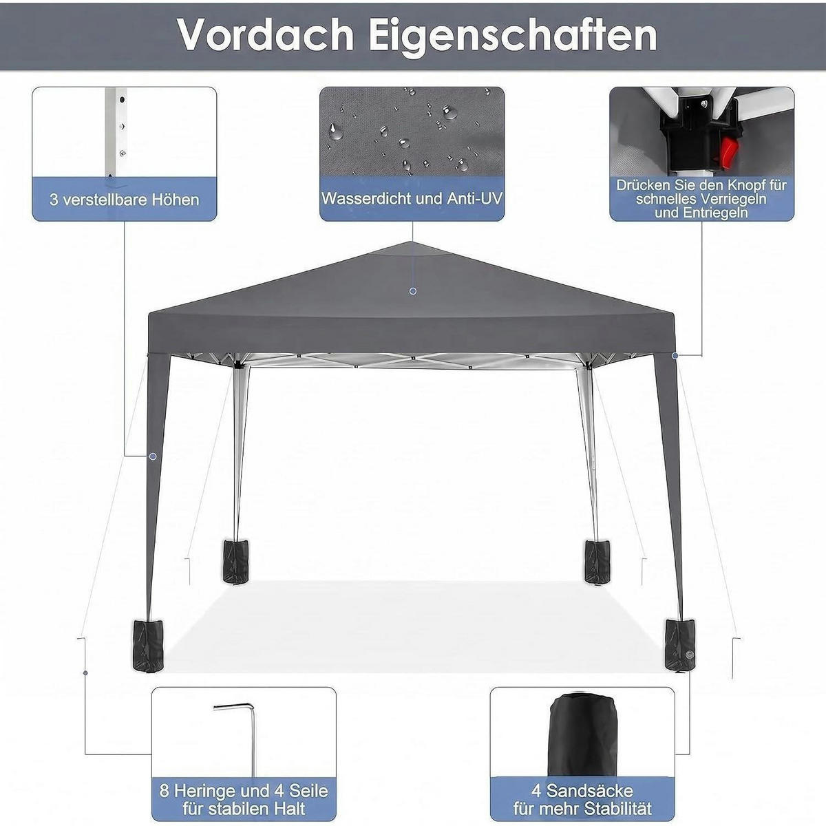 FALTPAVILLON 3x3m Grau Wasserdicht Stabil UV-Schutz - Grau, Textil (300/260/300cm)