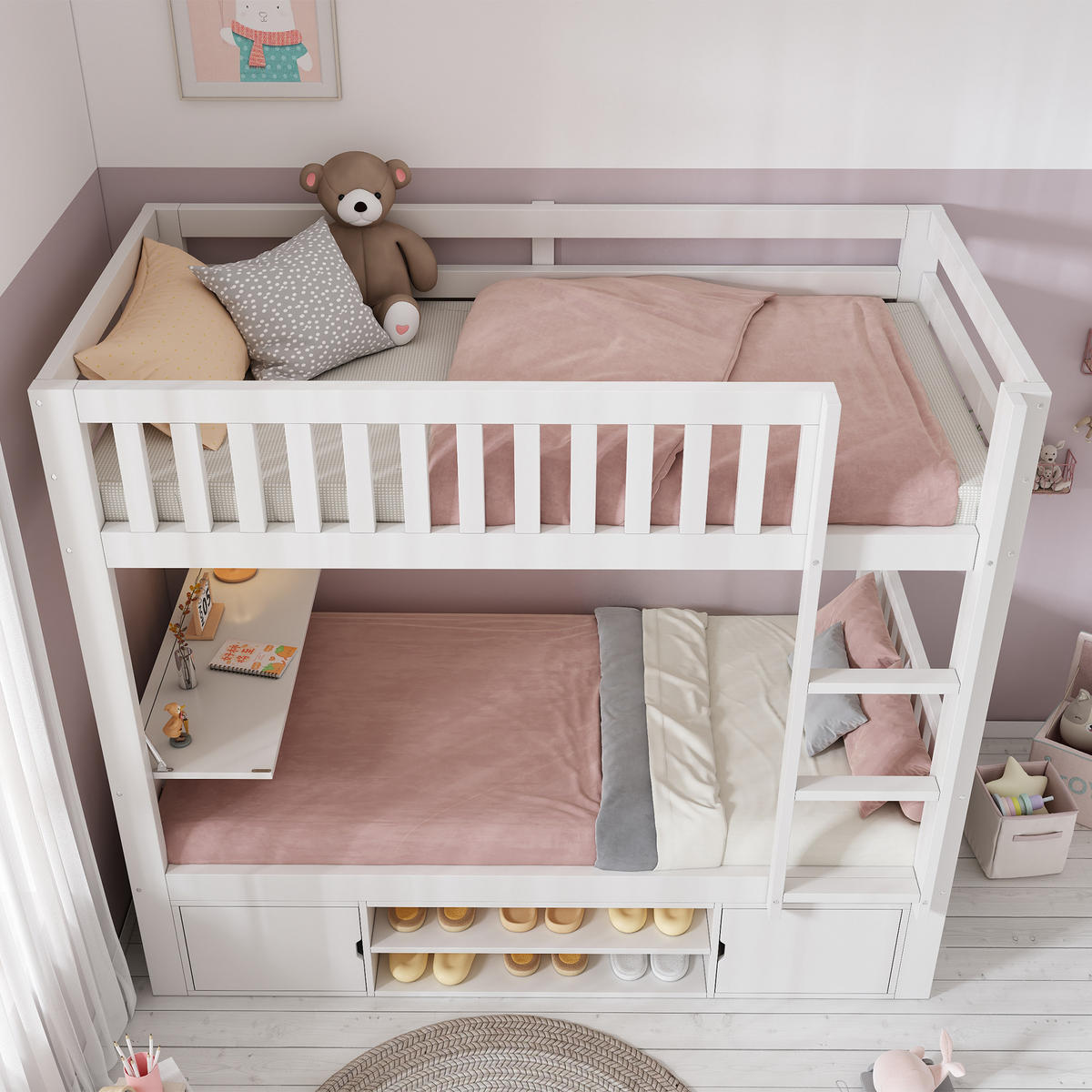 ETAGENBETT 90/200 cm & 90/200 cm in Weiß mit klappbarer Tischplatte, Schuhregal und Schränken - Weiß, Holzwerkstoff (90/200cm) - STILVORA