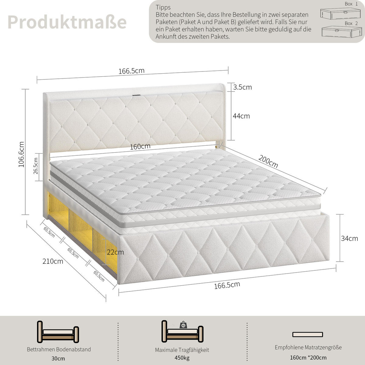 POLSTERBETT mit LED und USB Weiß 160x200 cm Textil - Weiß, Textil (160/200cm) - SONNENH