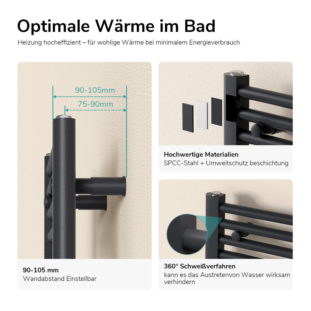 HEIZKÖRPER Handtuchheizkörper wasserführend Anthrazit 75/40/3 cm - Anthrazit, Metall (40/75/3cm) - EMKE