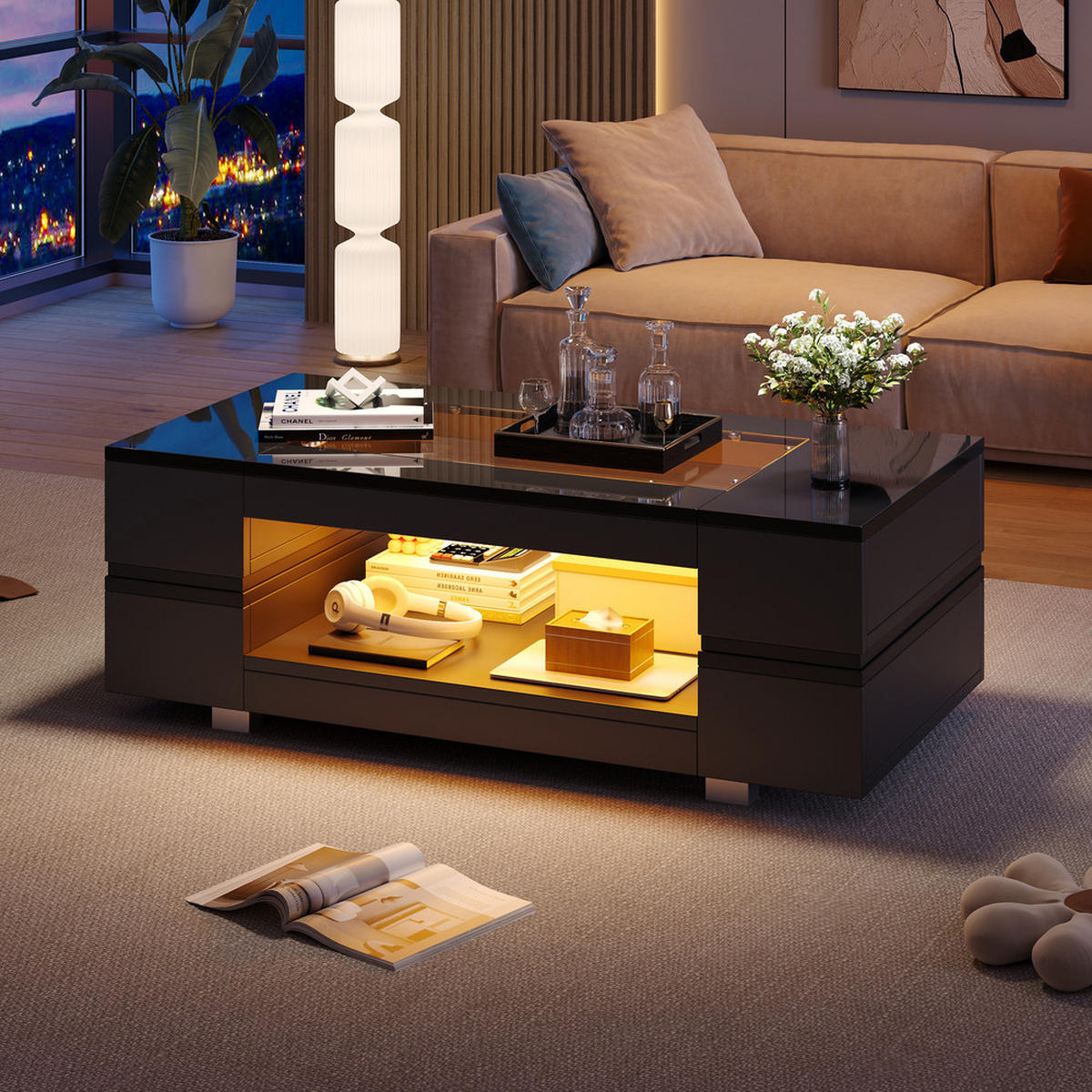 COUCHTISCH Schwarz LED Bluetooth App Hochglanz Doppelschicht Hohl Design - Schwarz, Holz (72.39/60.96/20.32cm) - FLIEKS